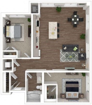 Floor plan for 2 beds, 1 bath, 1003 sqft